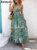 Damen Bohemian Paisley Print Langes Kleid Tiefes V Schichtetes Maxikleid