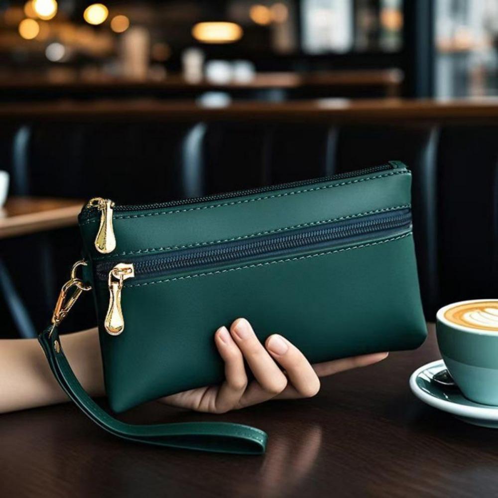 PU Leather Women's Long Wallet Soft Large Capacity Zipper Clutch Purse Multifunctional Wrist Strap Coin Purse Billfold Handbag