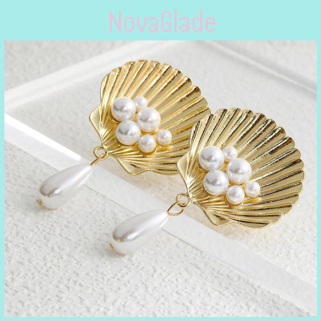 Trendy European American Natural Shell Pearl Earrings Chic Geometric Design Stylish Gold Alloy Jewelry