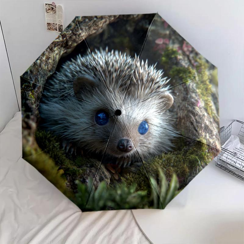 1 PC Automatic Folding Umbrella - Squirrel and Hedgehog Pattern, Portable & Foldable Design with 8 Ribs, Christmas Birthday Gifts