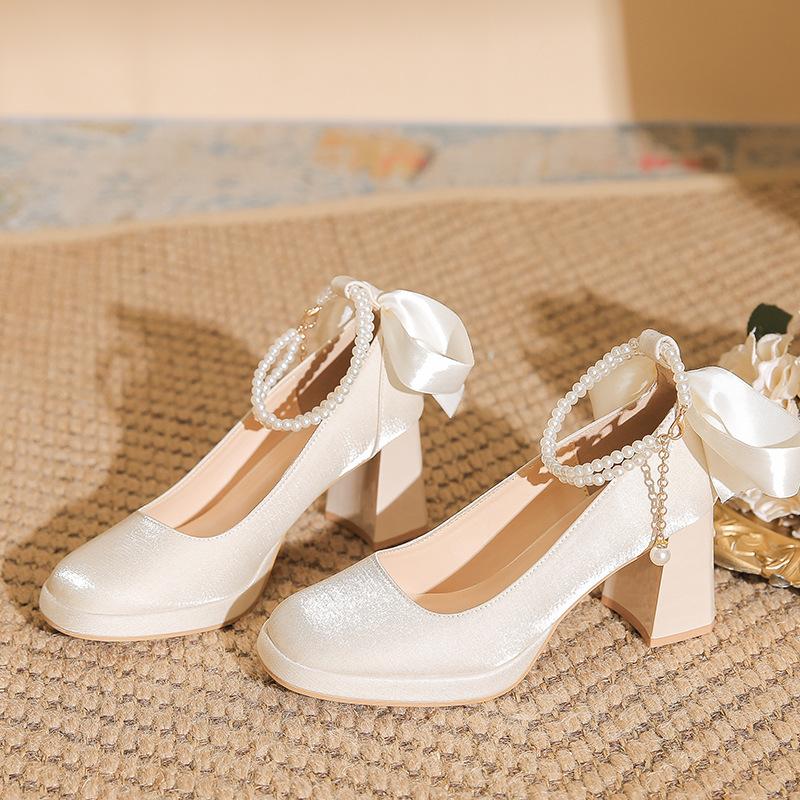 Thick-soled Waterproof Platform Petite Mary Jane Shoes for Ladies Bridesmaids High Heels
