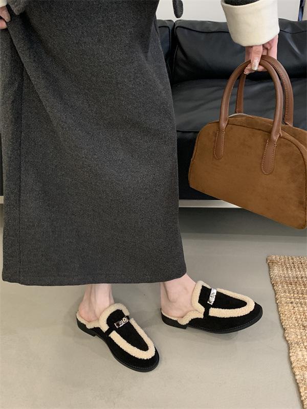 2024 Autumn/Winter Women's Fur-Lined Gold Lock Thick Heel Half Slippers