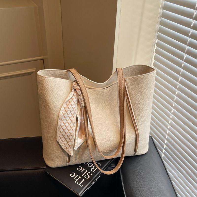 

Casual Large Capacity Tote Bag Women 2025 New Fashion Portable Commuter Bag Versatile High Sense Shoulder Bag Creamy-white Scarves