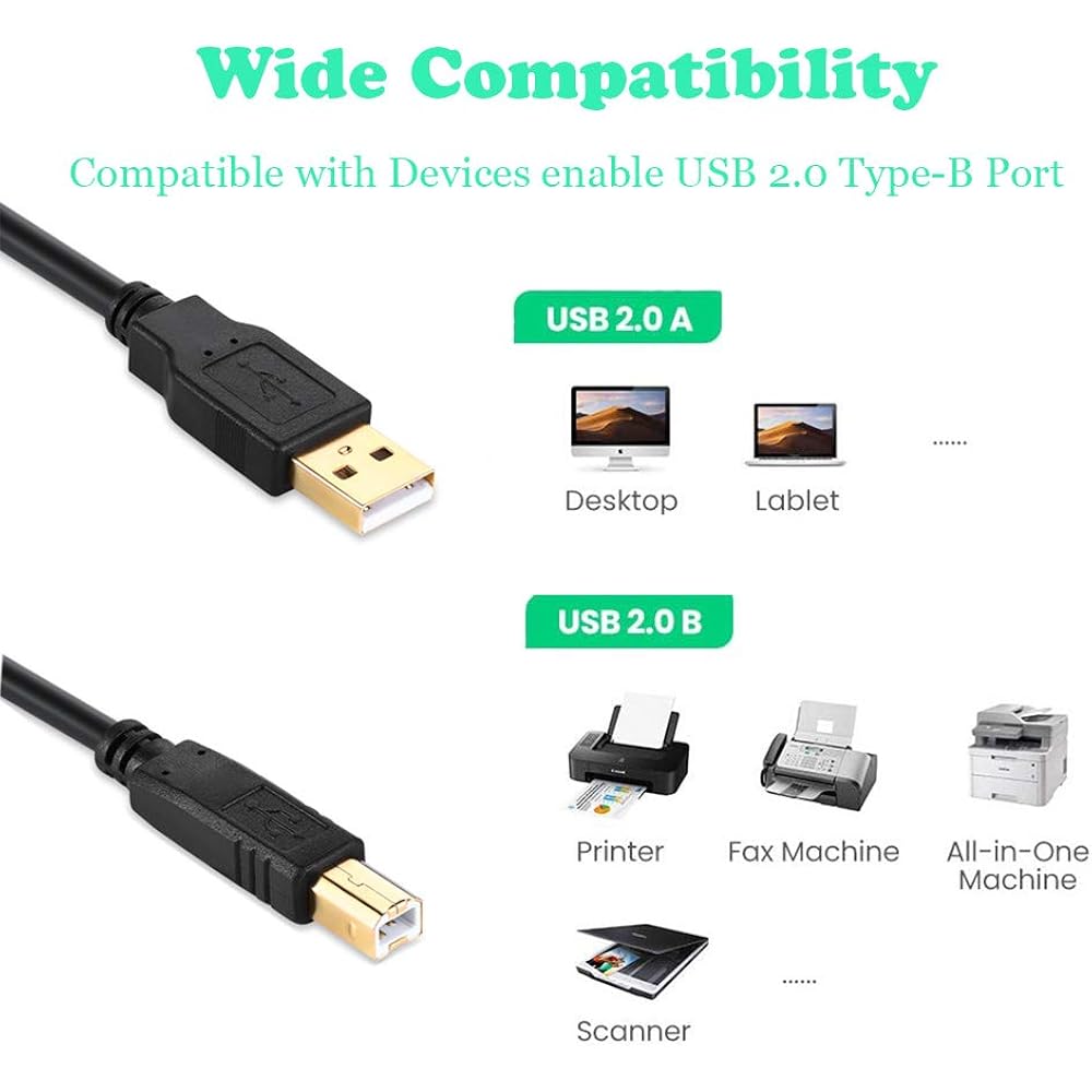XBOHJOE USB 2.0 Printer Cable A Male To B Male Gold Plated Connector Printer & Scanner Cable Comp...