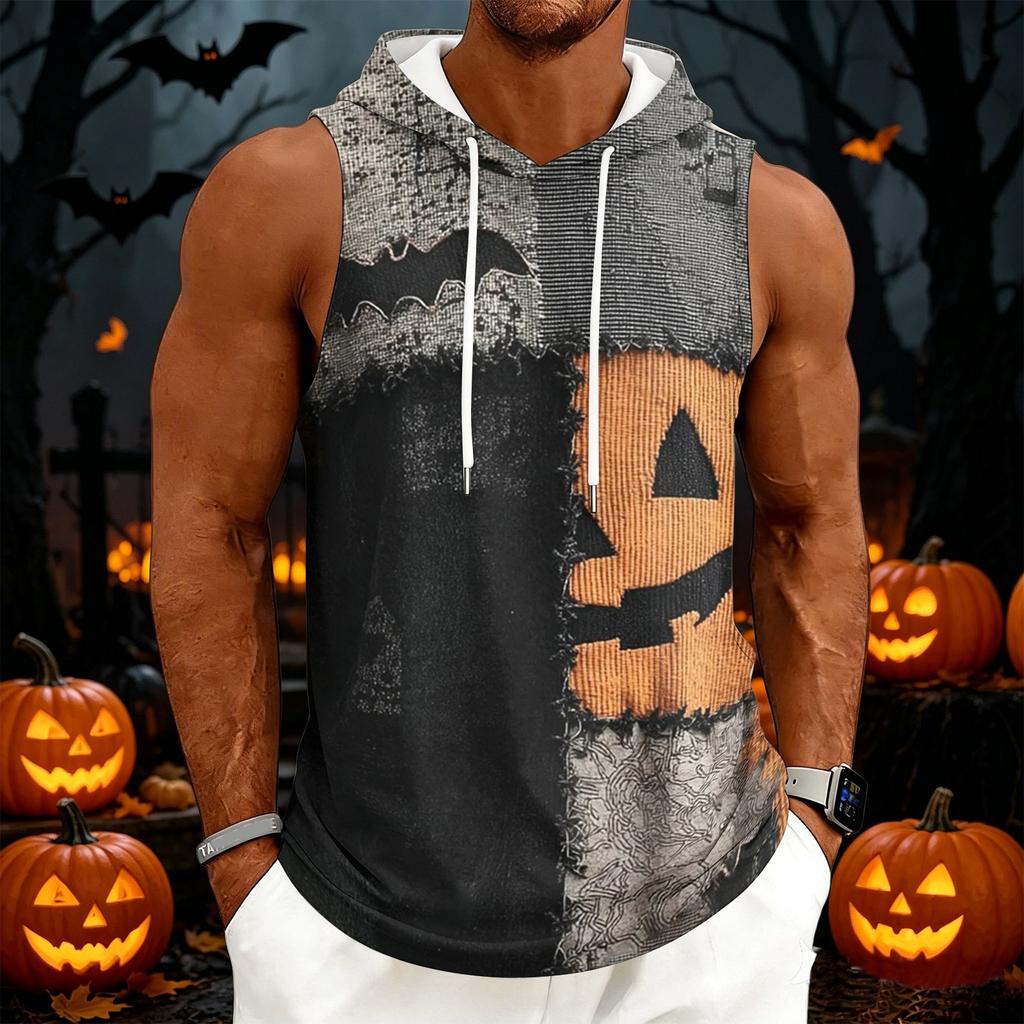 Men's Halloween Printed Hooded Sleeveless Drawstring Vest Casual Top