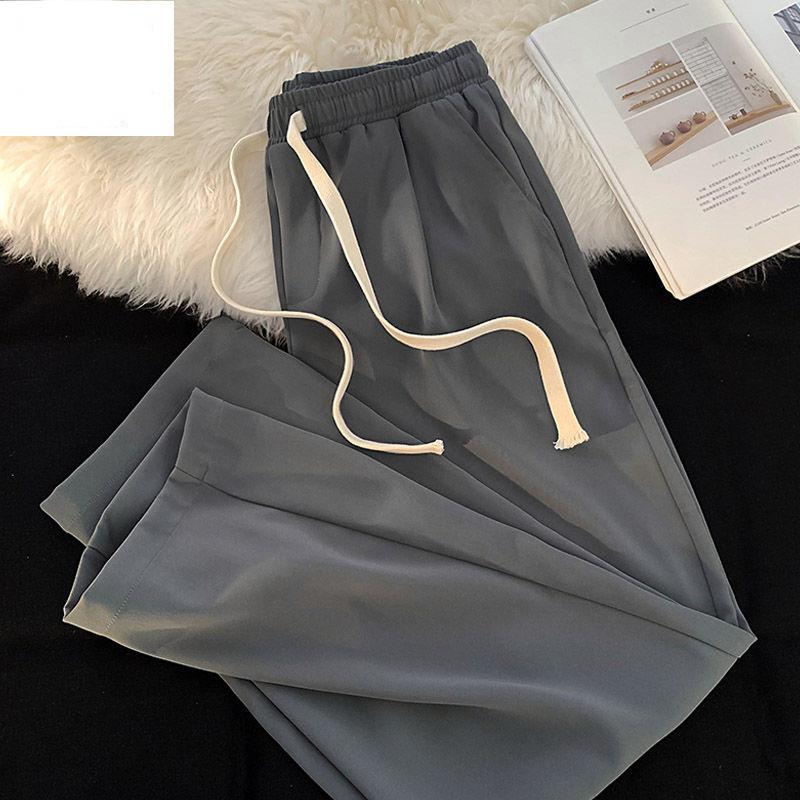 Summer Thin Loose Wide-leg Men Elastic Fashion Casual Straight Drawstring Trousers Black Blue Gray