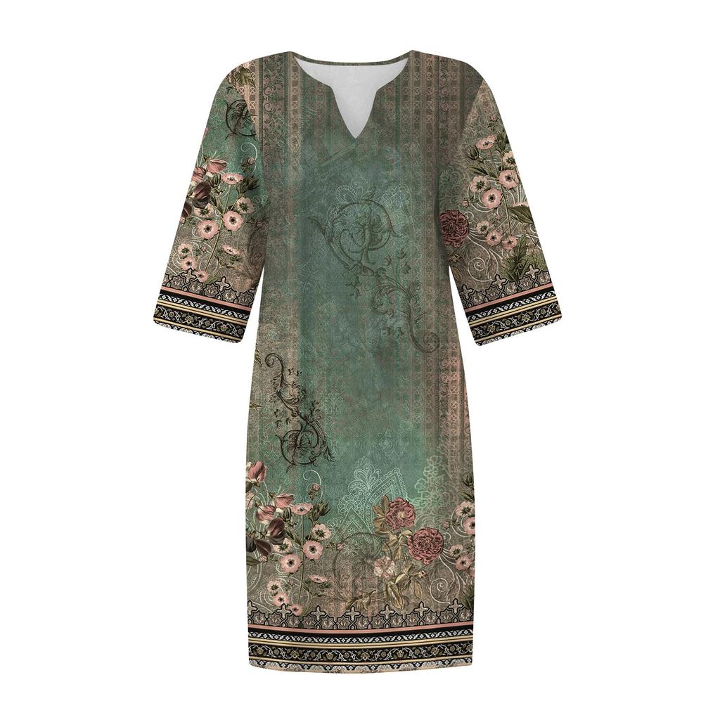 Dresses For Womens Vintage Print Tunic Waisted Midi Dress Summer Casual  Half Sleeve Dress