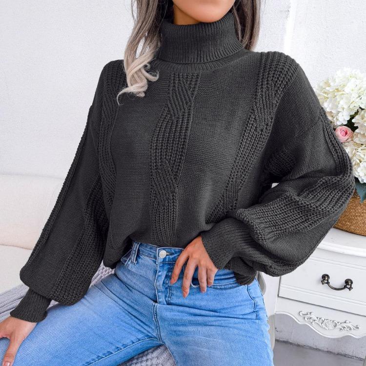 Women Autumn Winter Fashion High Neck Knitwear Top Lantern Sleeve Fried Dough Twist Sweater Bottoming