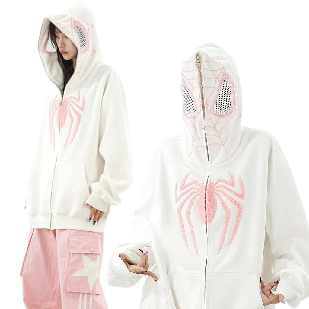 Women Men American Retro Spider Hooded Sweater Zipper Cardigan Loose Jacket