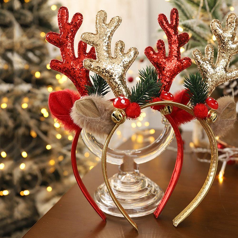 Sequins Plush Mushroom Bell Korean Style Hairbands Women Hair Hoops Elk Antler Christmas Headbands