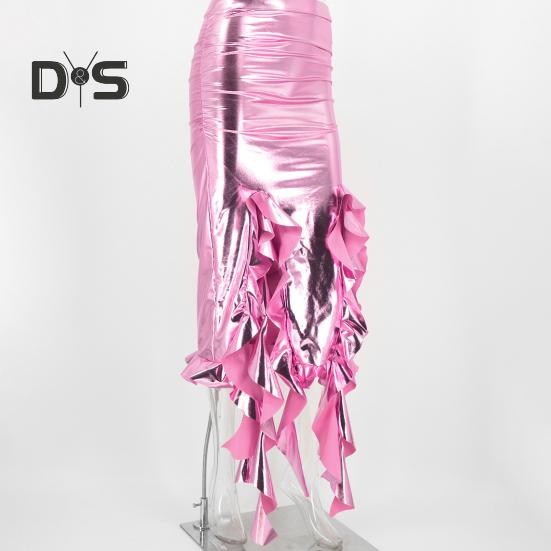 Sexy Women Maxi Skirt High Waist Ruffle Trim Tassel Long Skirt Asymmetric Slim Fit Irregular Skirt Fishtail Skirt