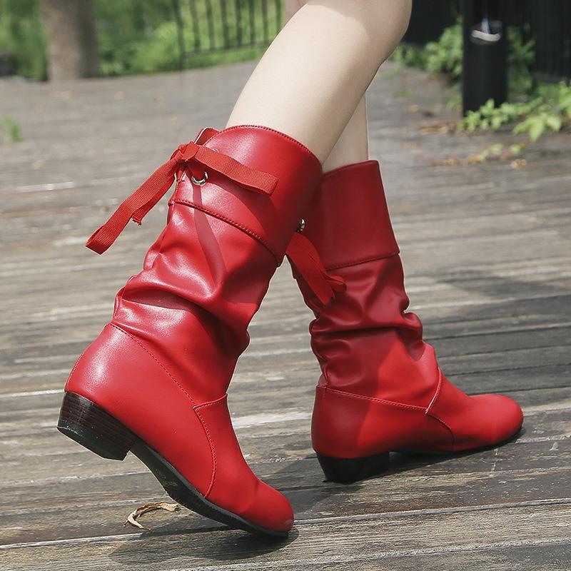 Übergrößen Schuhe, Studentenstiefel, Damen Stiefel mit niedrigem Absatz, runder Zehenpartie und Schnürung hinten, mittelhohe Wadenstiefel