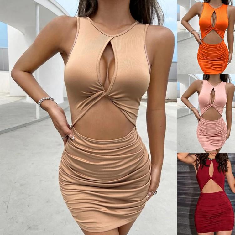 European Summer Sexy Women's Spaghetti Strap Hollow-Out Pleated Dress