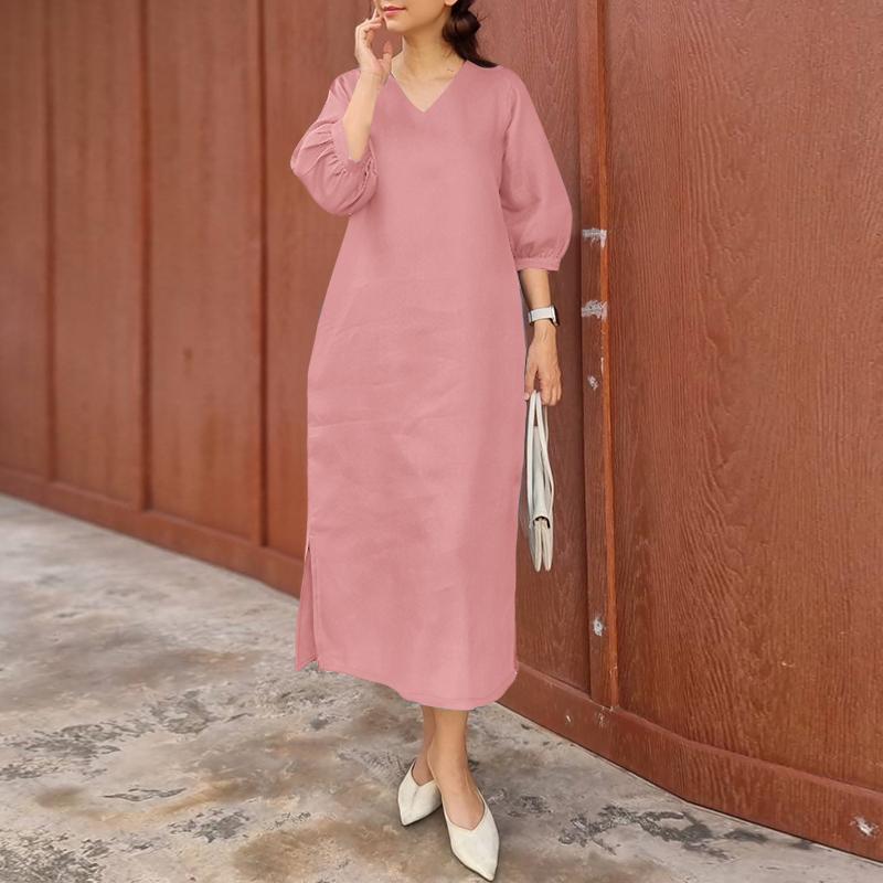 

ZANZEA Женское повседневное платье с V-образным вырезом, однотонное, с рукавами 3/4, свободного кроя XL розовый