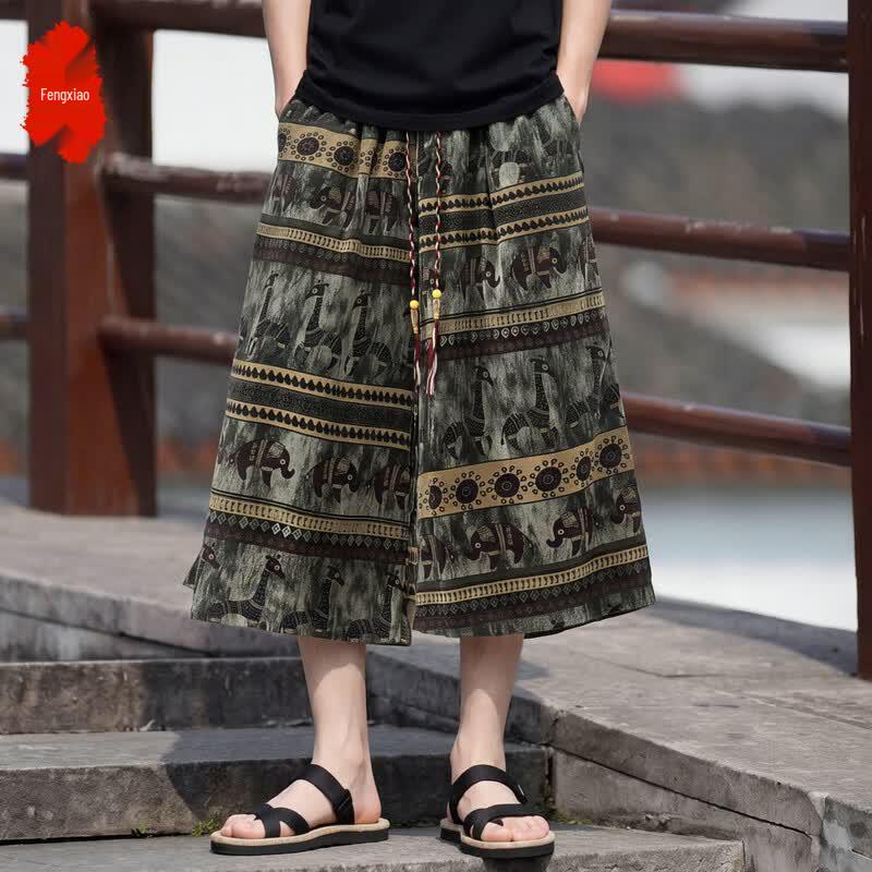 Men's Thai Elephant Print Plus Size Capri Beach Pants