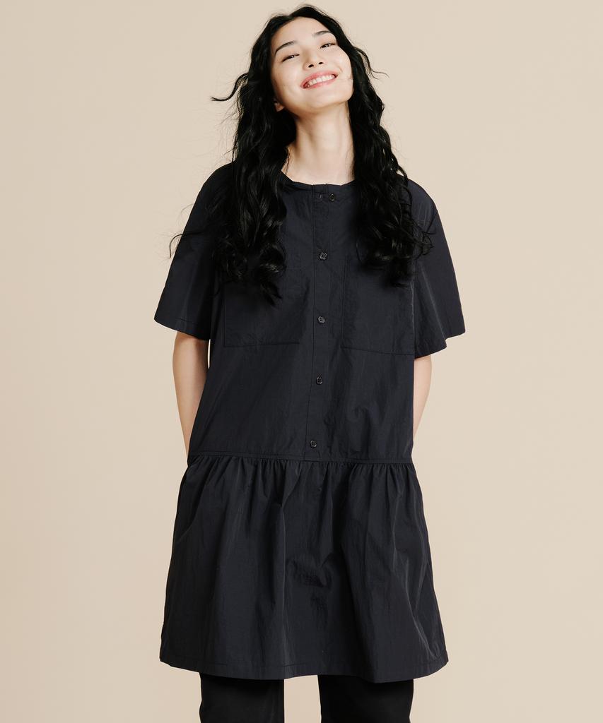 Plack Woman Shirred Short Sleeve Dress Navy
