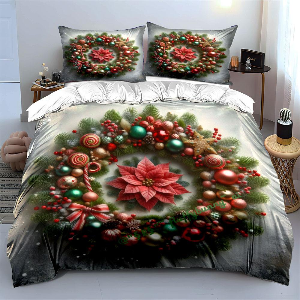 Christmas Wreath with Poinsettia Bedding Duvet Cover Set  (1*Duvet Cover 2*Pillowcases, Without Duvet Insert)