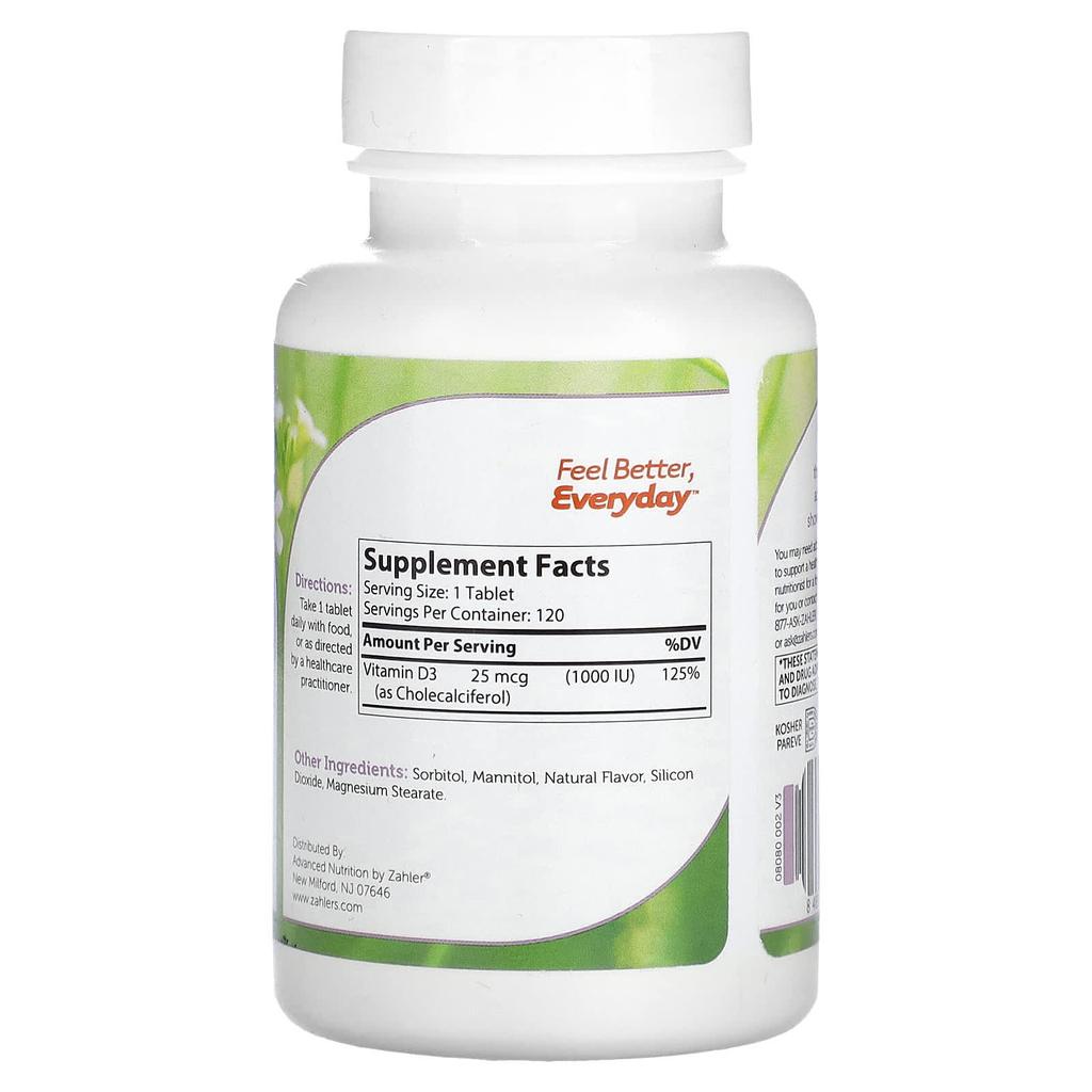 Zahler, Vitamin D3, Advanced D3 Formula, Orange, 25 Mcg (1,000 IU), 120 Chewable Tablets