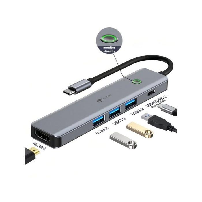 Station D'accueil - Leotec - 6-en-1 - Aluminium - HDMI 4K - Charge Dynamique PD 100W