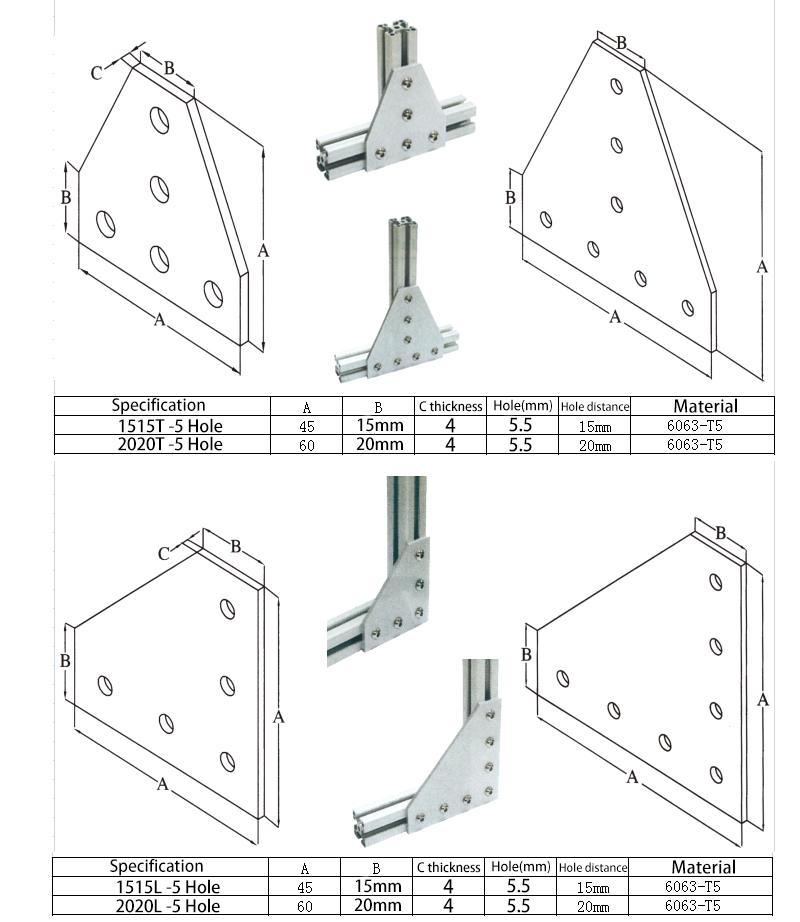 10pcs Strong Corner Angle Bracket Connection Joint Strip Board for V-Slot Aluminum Profile 2020 with 5 Holes