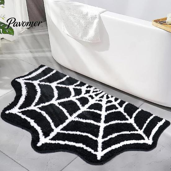 Decorative Halloween Rug Spider Web Bath Mat, Gothic Bathroom Rug, Non-slip Indoor Outdoor Porch Black Bat for Home Entrance Bedroom Decor Non