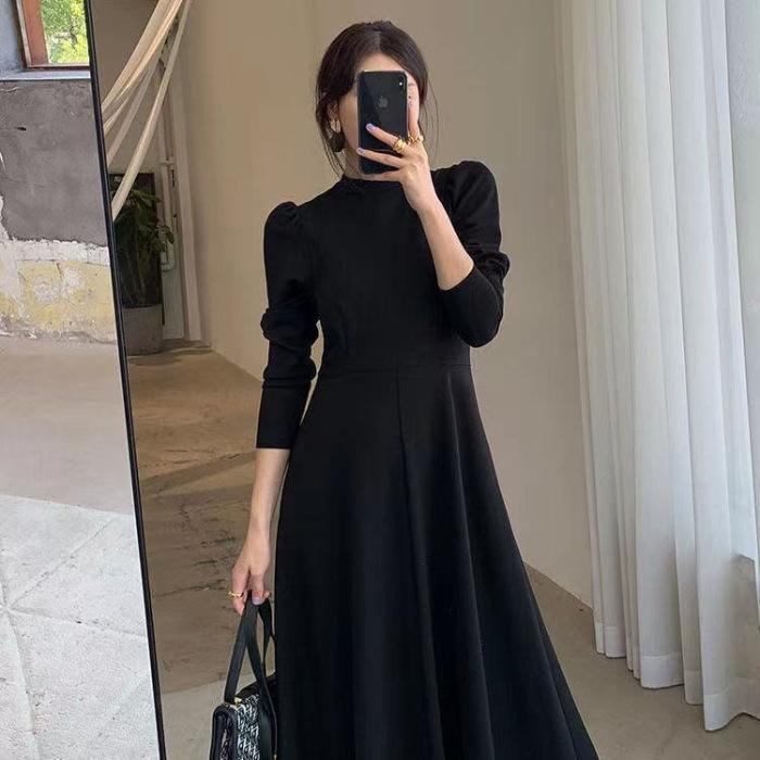 

Black long-sleeved dress spring and autumn new Korean version waist thin Internet celebrity big swing skirt M чёрный
