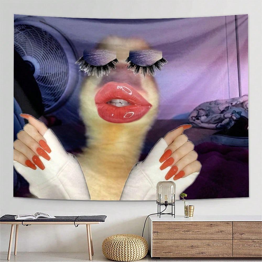 Funny Lipstick And Nail Polish Duck Print Tapestry Funny Animal Expression Wall Room Decoration Wallpaper Tapestry Beauty