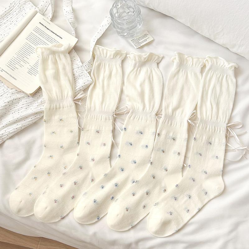 White Cotton Floral-patterned Socks - Summer Light-weight Long Stockings with Trailing Ribbons and Bunches of Bows At The Back.