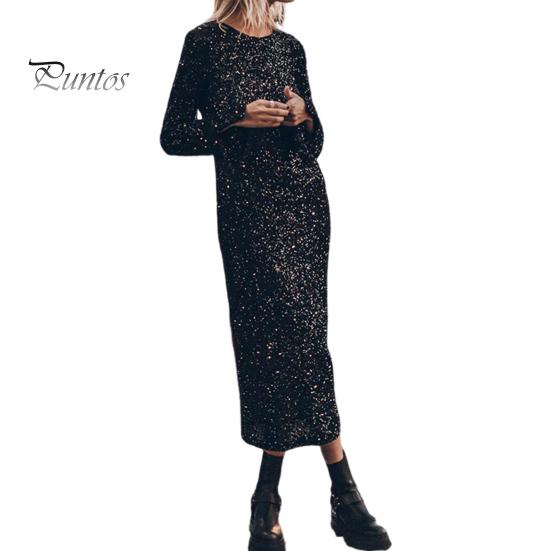 

Женское весеннее платье с блестками и круглым вырезом, с длинным рукавом, свободное платье миди с открытой спиной, женское осеннее платье для выпускного вечера, вечеринки, свидания M