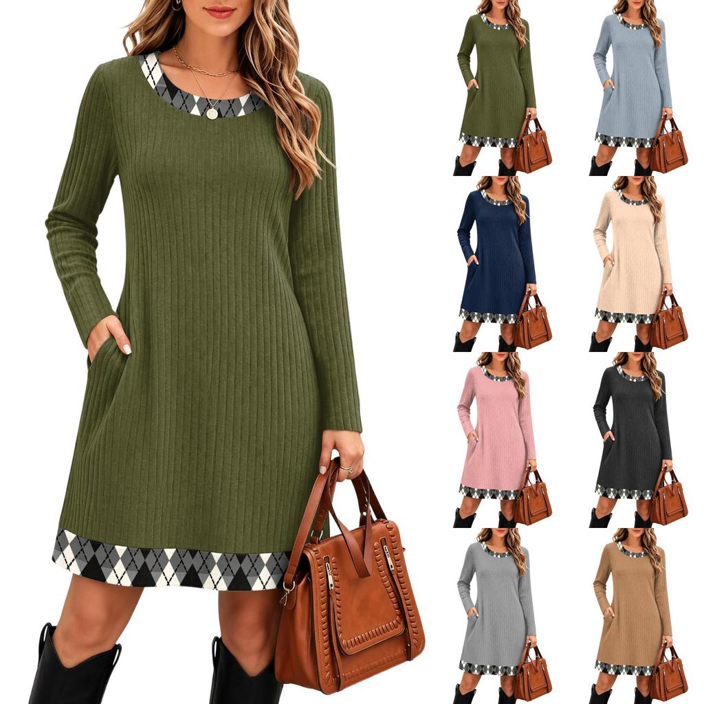 Women's Fashion Vertical Striped Knit Long Sleeve Dress for Casual Everyday Wear