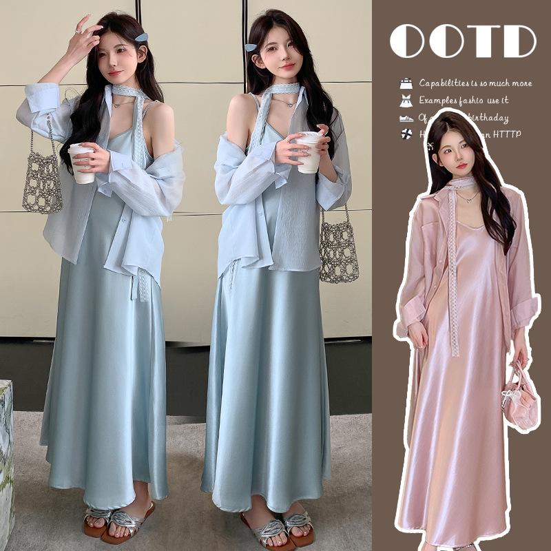 French Acetate Spaghetti Strap Maternity Dress & Sun Protection Shirt Set - Summer 2026 Edition Large