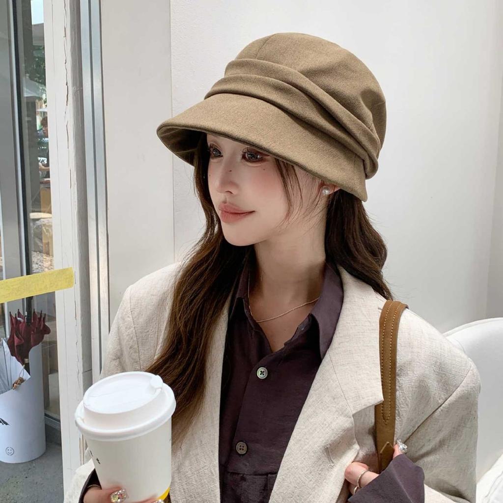 Small octagonal bucket hat for women, warm in autumn and winter, plain face mask, elegant and versatile sun hat