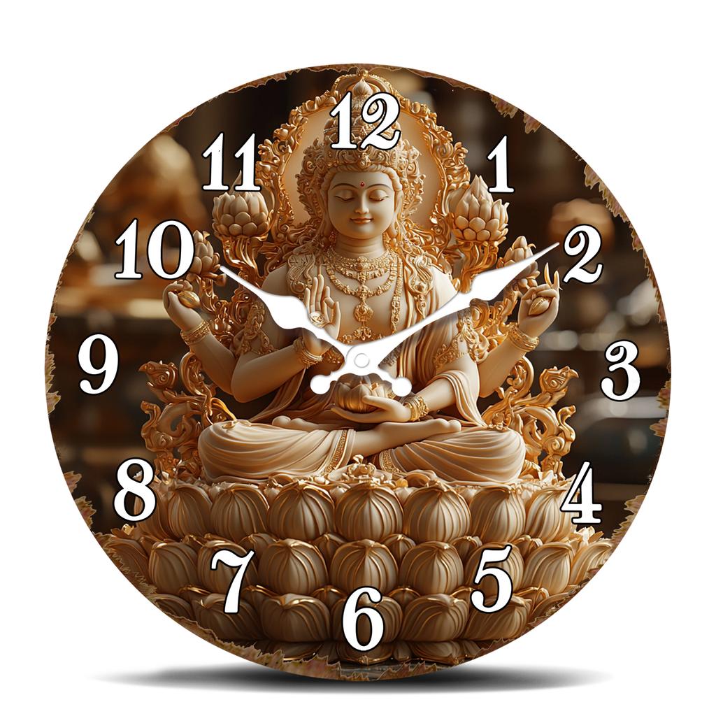 Golden Buddha Statue Vintage Wall Clock, Spiritual Themed Round Clock with White Numbers, Quiet Wall Clock for Meditation Room D