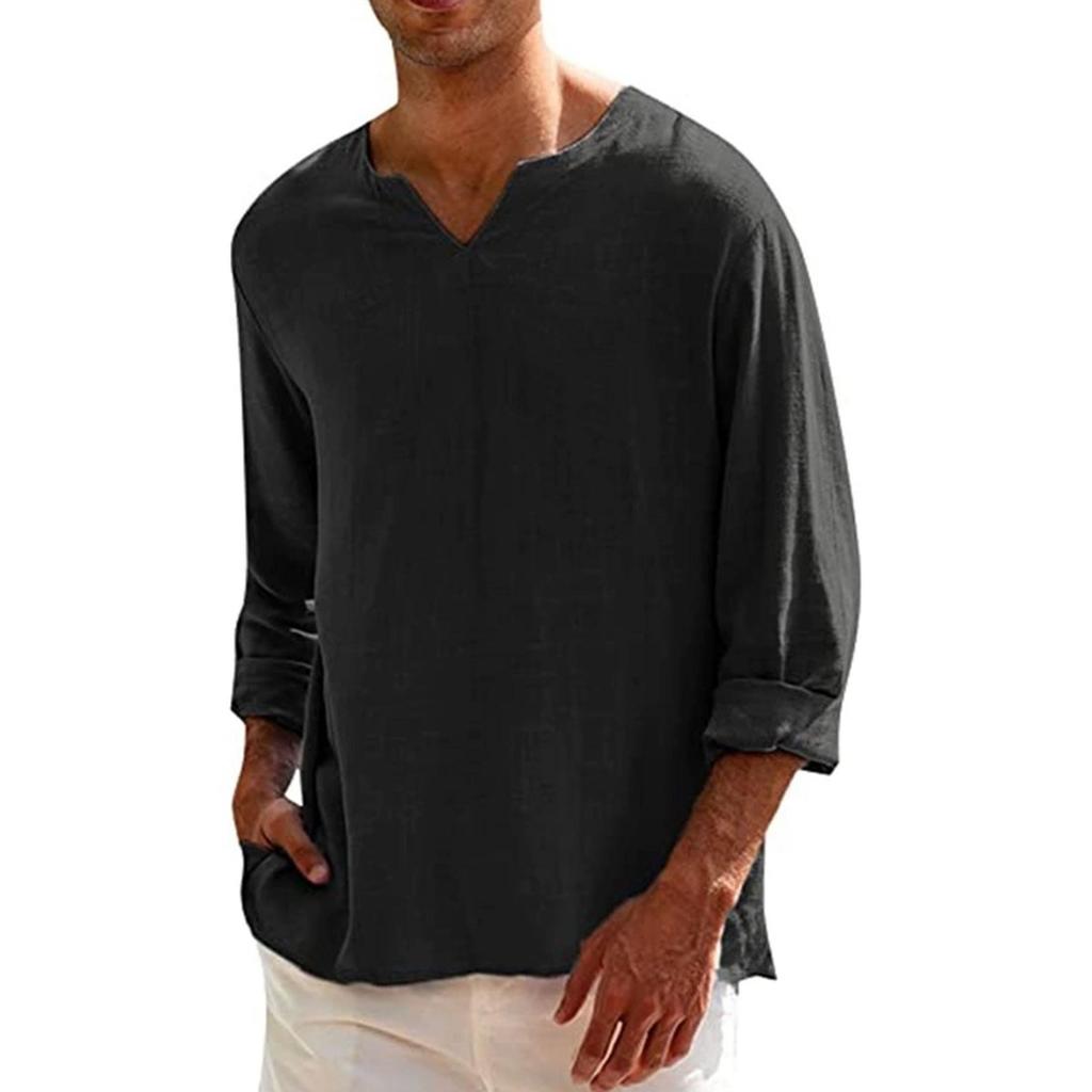 Mens Linen Cotton V-Neck Shirt - Breathable Comfortable Solid Color Long Sleeve Casual Loose Fit Hawaiian Style Blouse