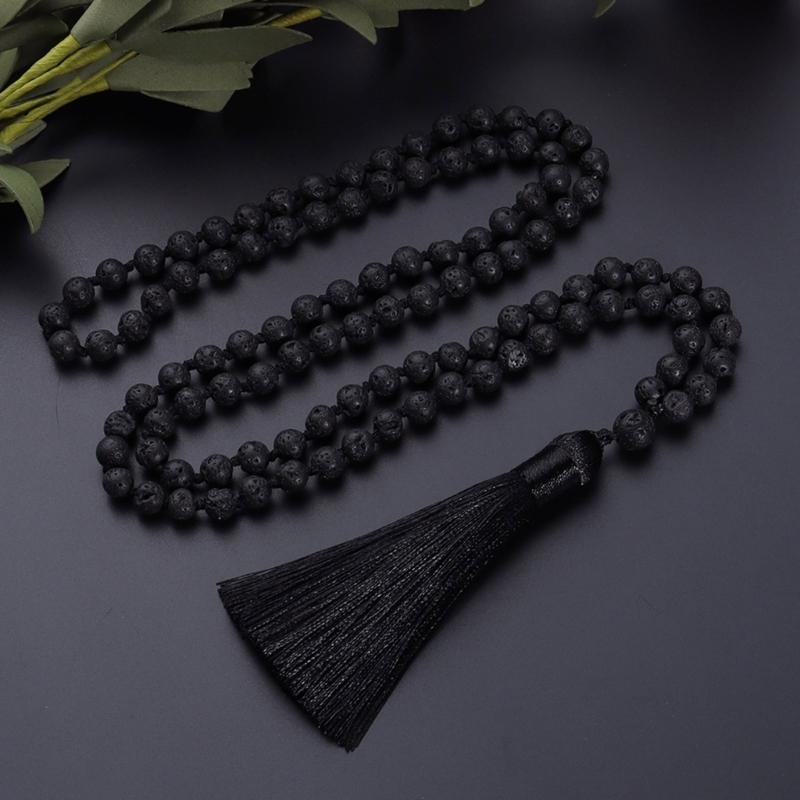 Hand Knotted Beads Necklace with Natural Stone Tassels Spiritual Jewelry Prayer Necklace for Everyday Wear and Rituals