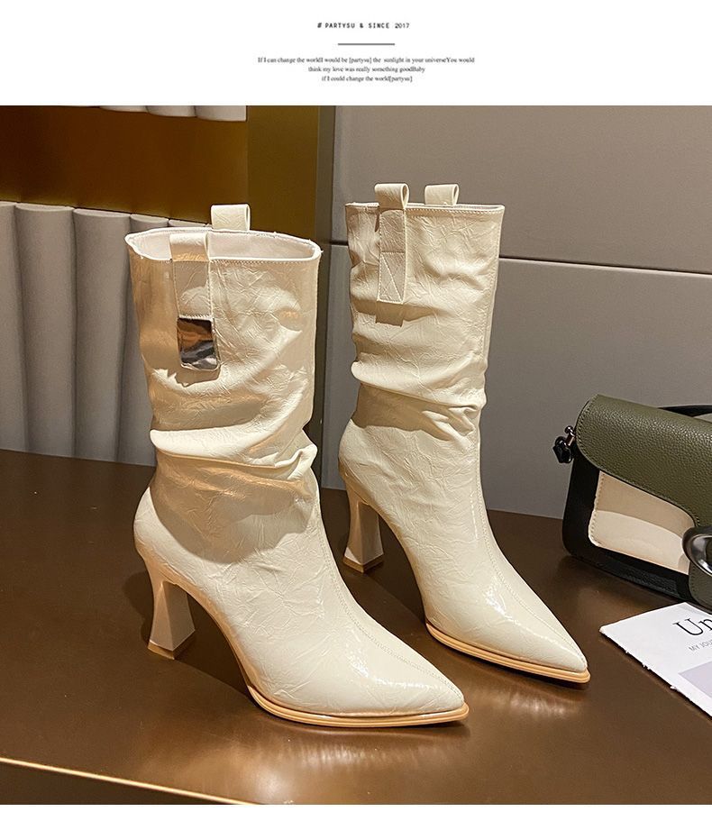 22 new autumn and winter, European and American boots retro pleated pointed thick high-heeled western cowboy boots 34