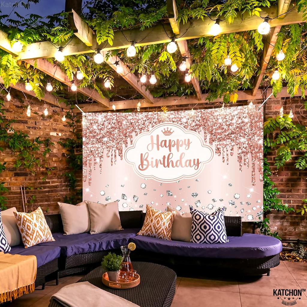 KatchOn, XtraLarge Rose Gold Happy Birthday Banner - 72x44 Inch | Birthday Decorations for Women, Girls | Backdrop Banner for Rose Gold Party