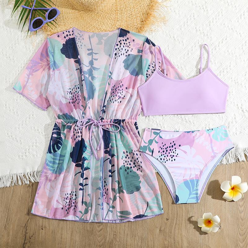 2025 European & American Fashion Kids' Three-Piece Print Swimsuit Set