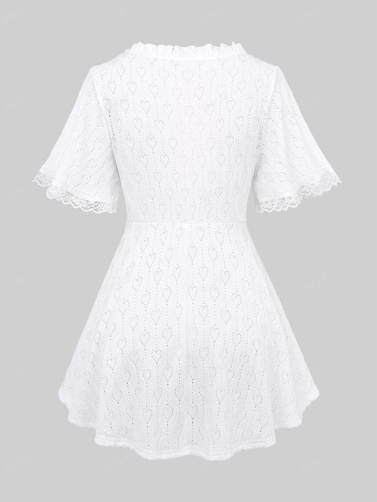 Rosegal Plus Size Valentine's Day Pointelle Hollow Out Heart Lace Trim Ruffles Bowknot Buttons Chains Panel Top
