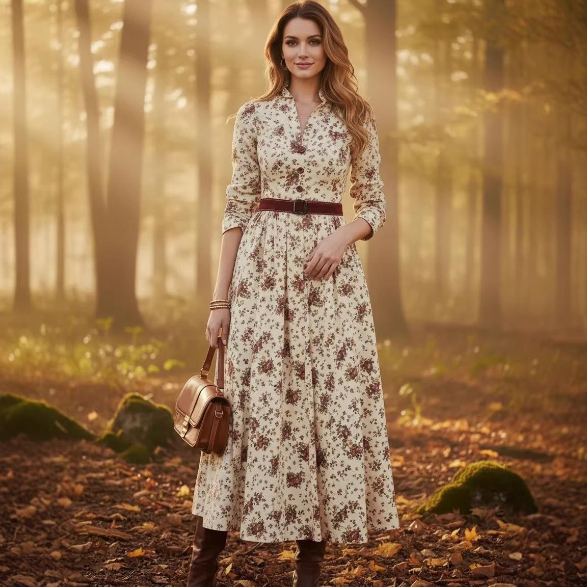 Long Sleeve Floral Print Belted Midi Dress S абрикосовый