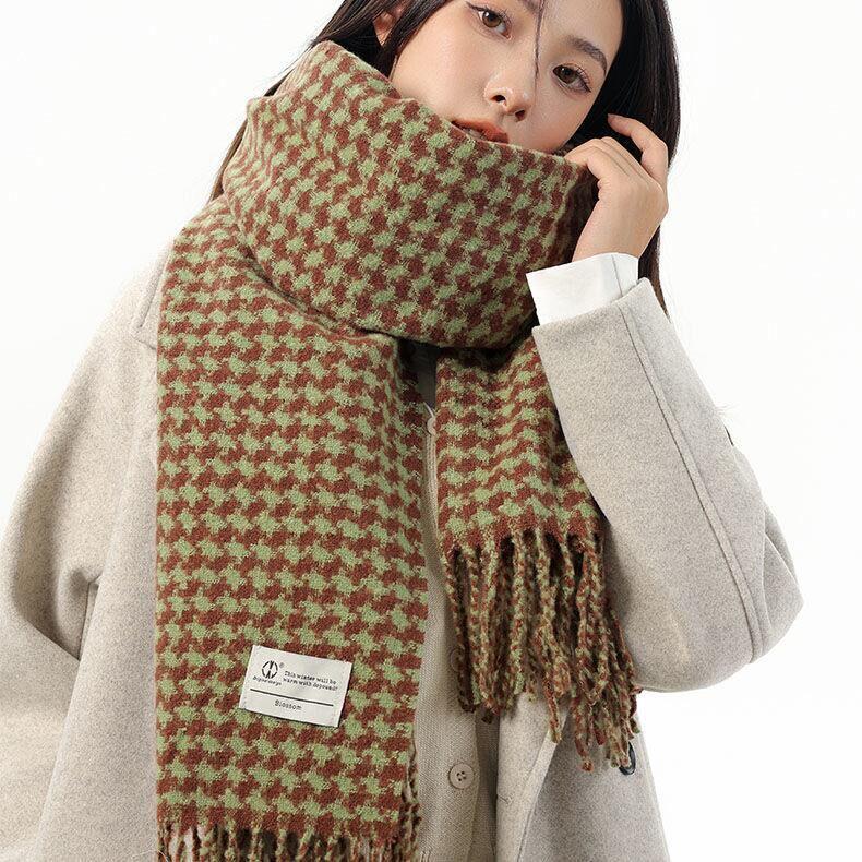 Korean Style Plaid Mohair Scarf - Women's Winter Imitation Cashmere Shawl
