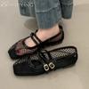 Mode Damen Mesh Mary Jane Schuhe Frau Lässig Eckige Zehenpartie Flache Sandalen Sommer 2025 Trend Weiche Sohle Kleid Komfort Atmungsaktiv Sandalias