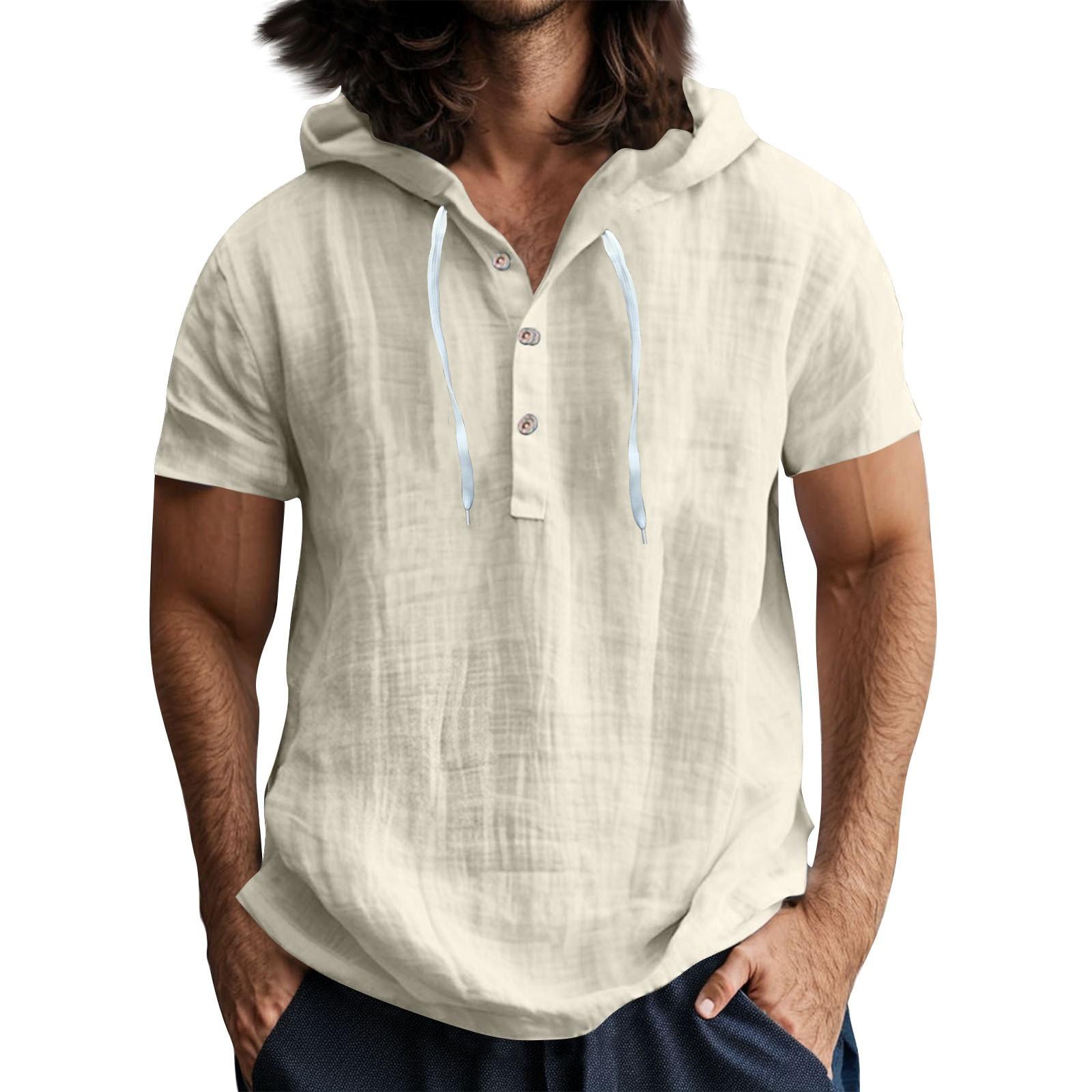 

Мужская повседневная футболка с короткими рукавами, капюшоном и открытым воротом на пуговицах XXXL хаки