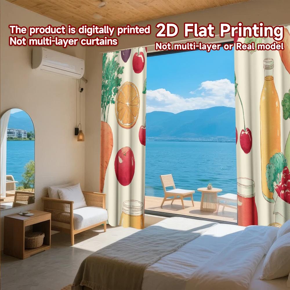Set Of 2 Flat Printing Curtains Without Rod Fresh Market Ingredients Valentine Is Day Festival Creative Fabric Curtain Polyester