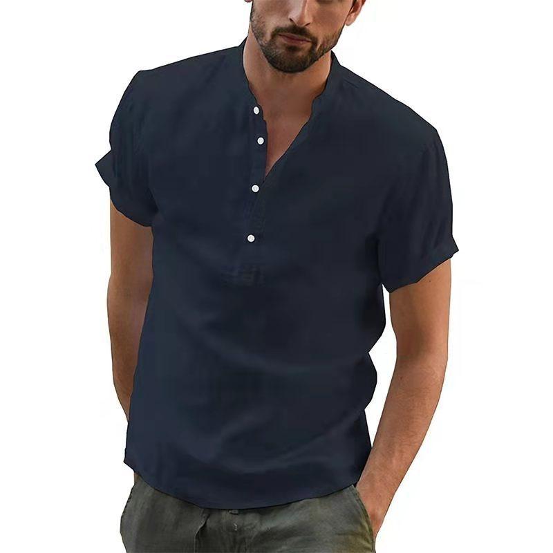 

Autumn Winter Spot Standing Collar Solid Color Youth Ordinary Cotton Linen Combination Casual Shirt XXXL темно-синього кольору