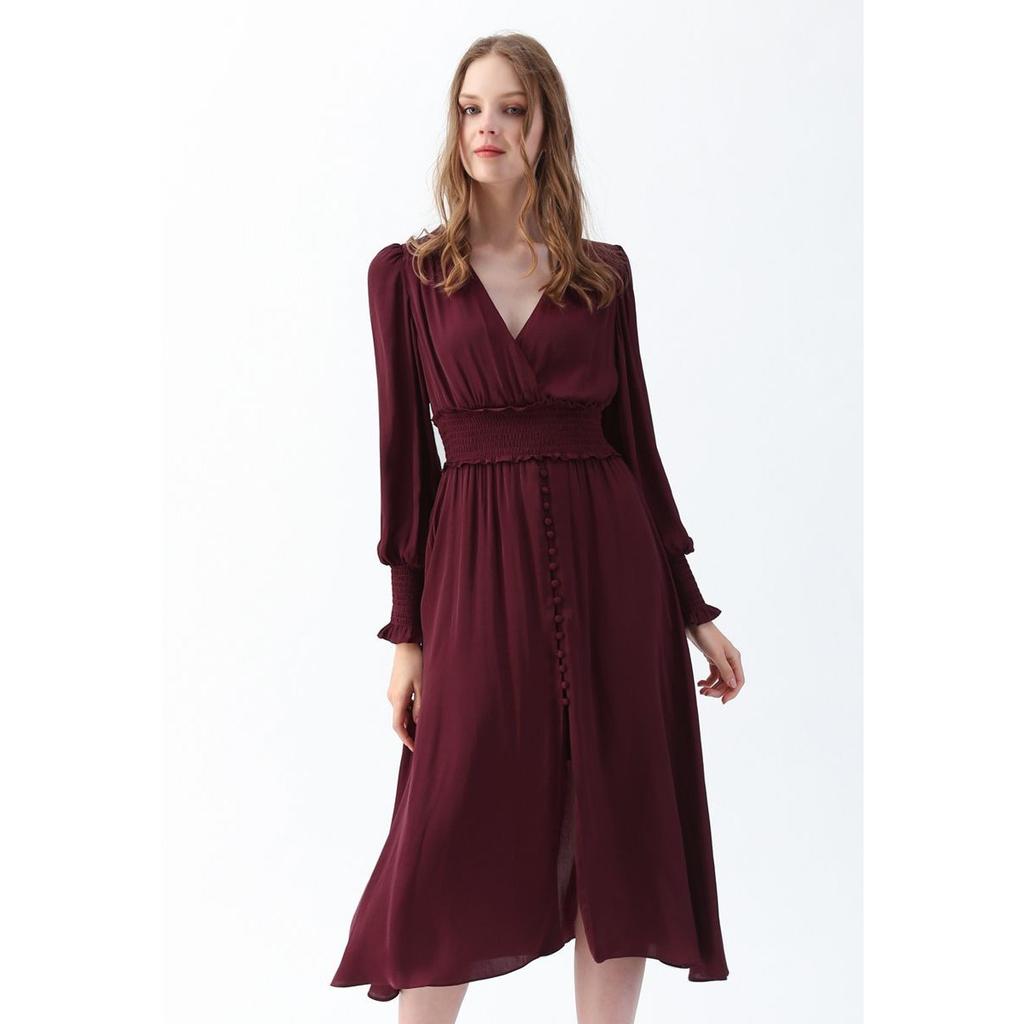 New V-Neck Long Sleeve Burgundy Women's Casual Dress For Spring Autumn