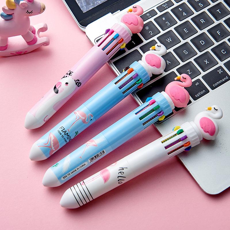 Flamingo Pastel Girly Heart Series 10-color Ballpoint Pens, Multicolor Student Office Hand Account Colored Stationery