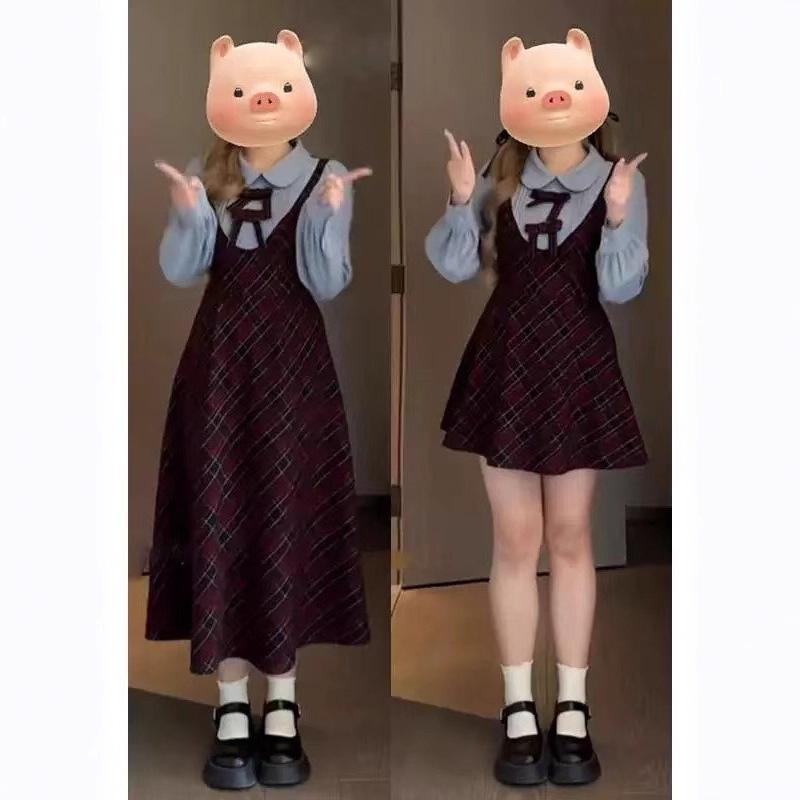 

Plus-Size Ann Plaid Academy 2025 Two-Piece Look Dress – Autumn/Winter Long Sleeve Cinched Waist Skirt for Women. XL