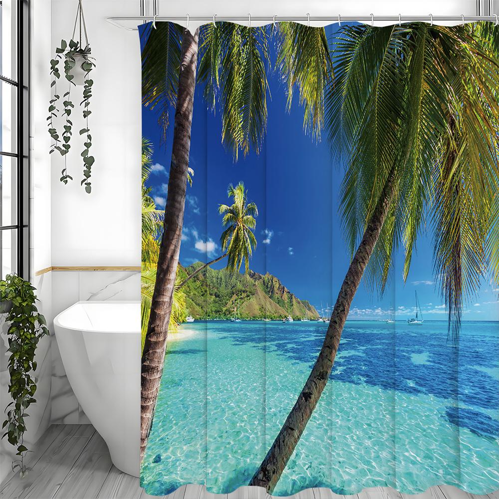Ocean Coconut Tree Shower Curtain, Bathroom Decorative Shower Curtain, Waterproof Shower Curtain with Hooks