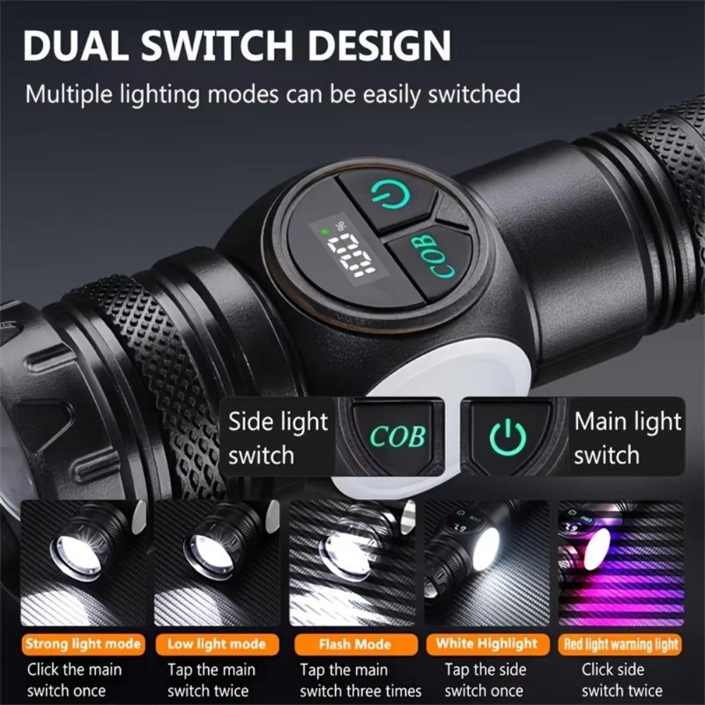 White Laser LED Flashlight Zoom function COB Side Light USB Rechargeable Torch Tail Magnet With Display Long Range Lamp